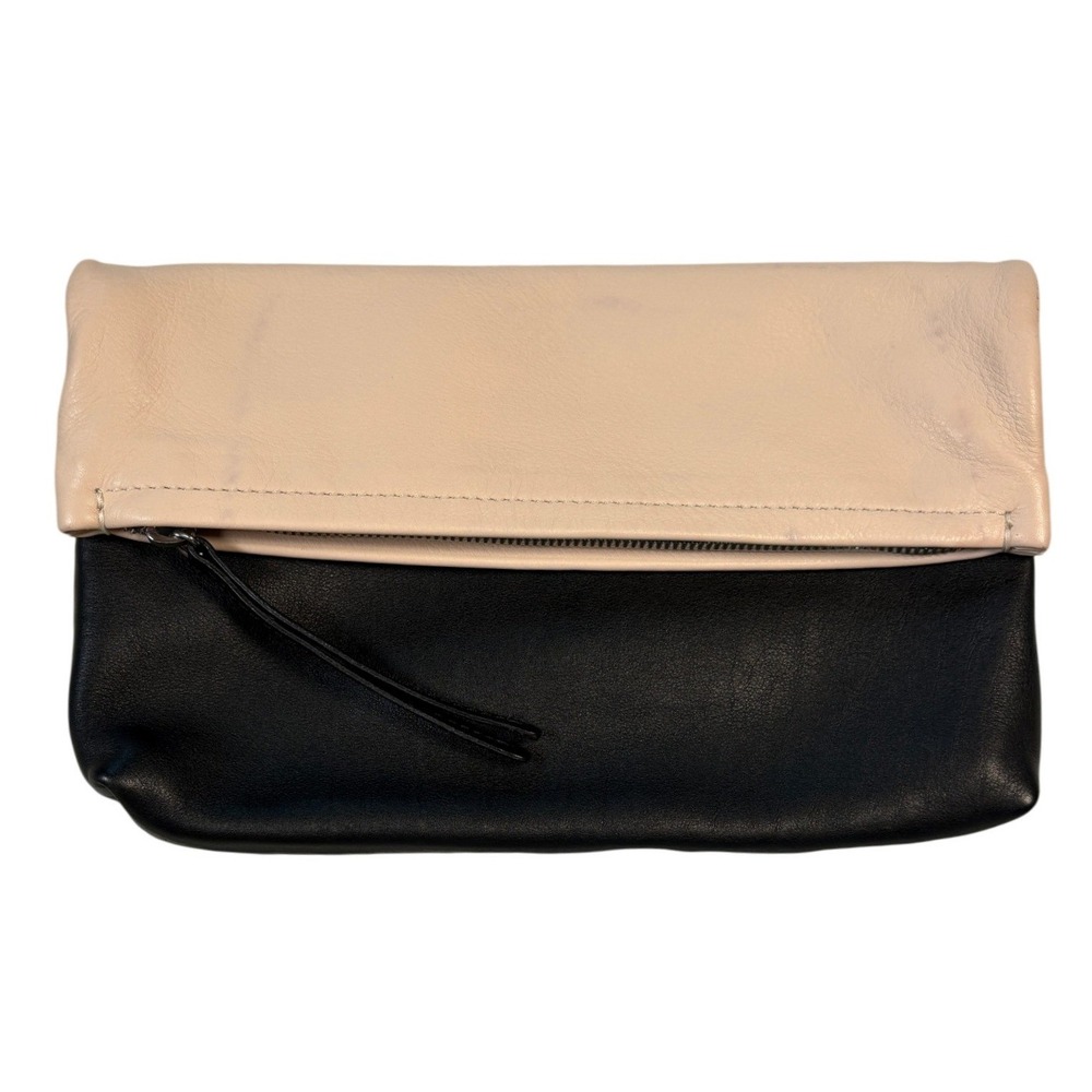 Shinola Detroit Leather Foldover Clutch Bag Black Beige Two Tone Zip Top